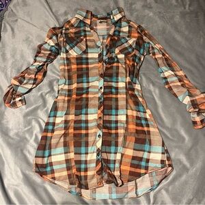 Checkered Plaid Long Button-up Shirt Dress